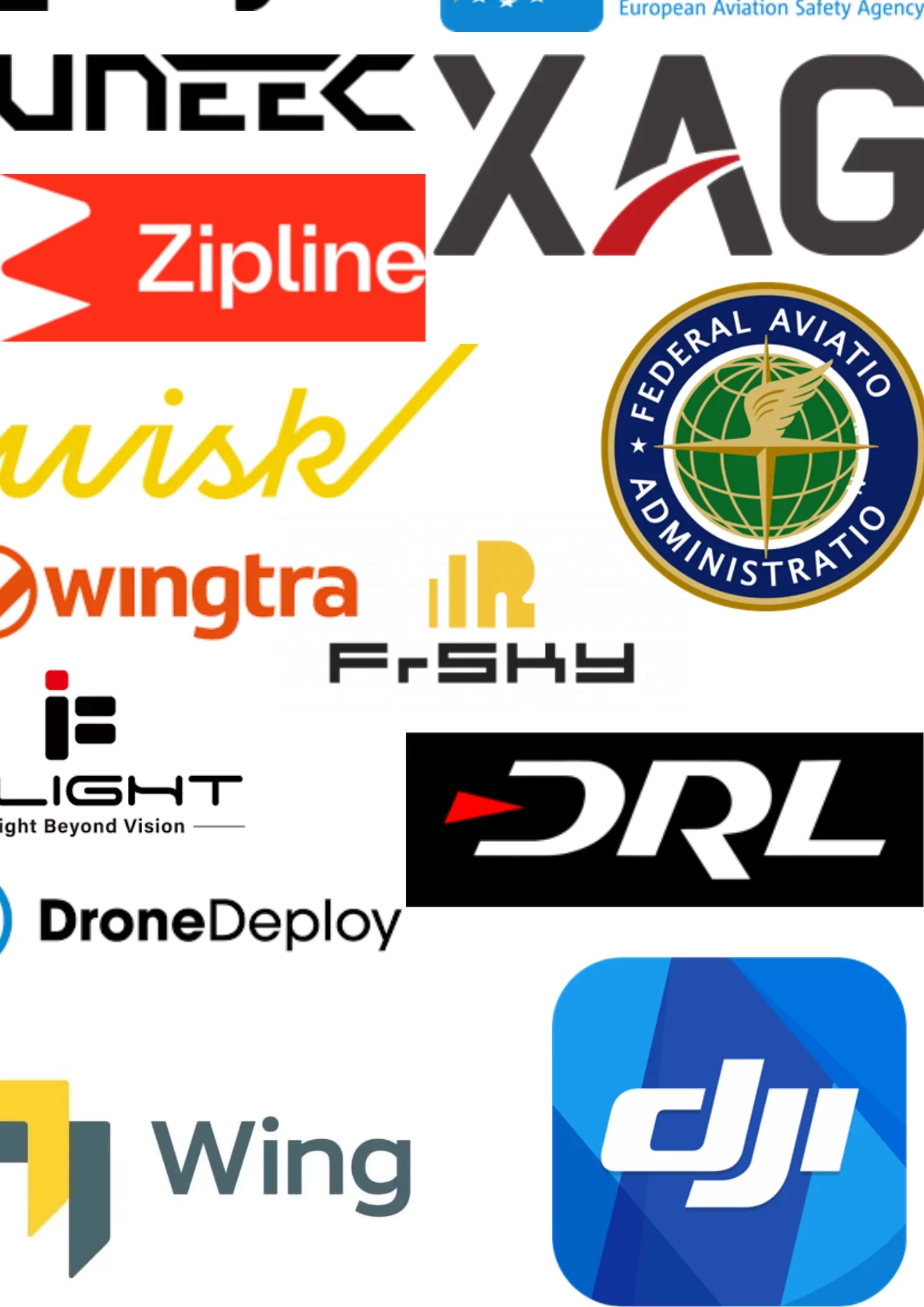 Logos of leading drone companies including DJI, Parrot, Yuneec, Autel Robotics, Skydio, and more.